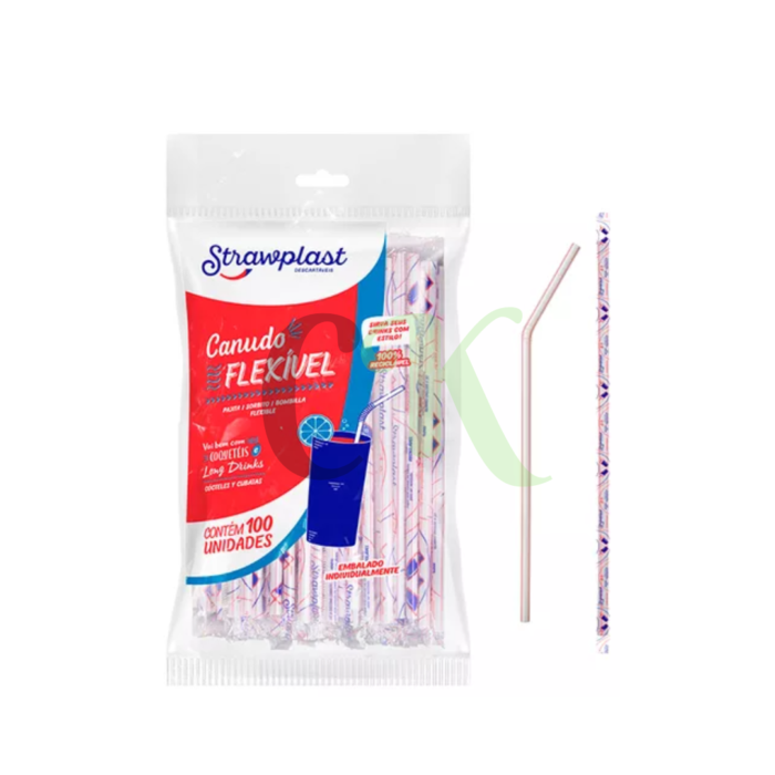 Canudo Plástico Flexível Branco Sachê Individual 5mm com 100un - Strawplast